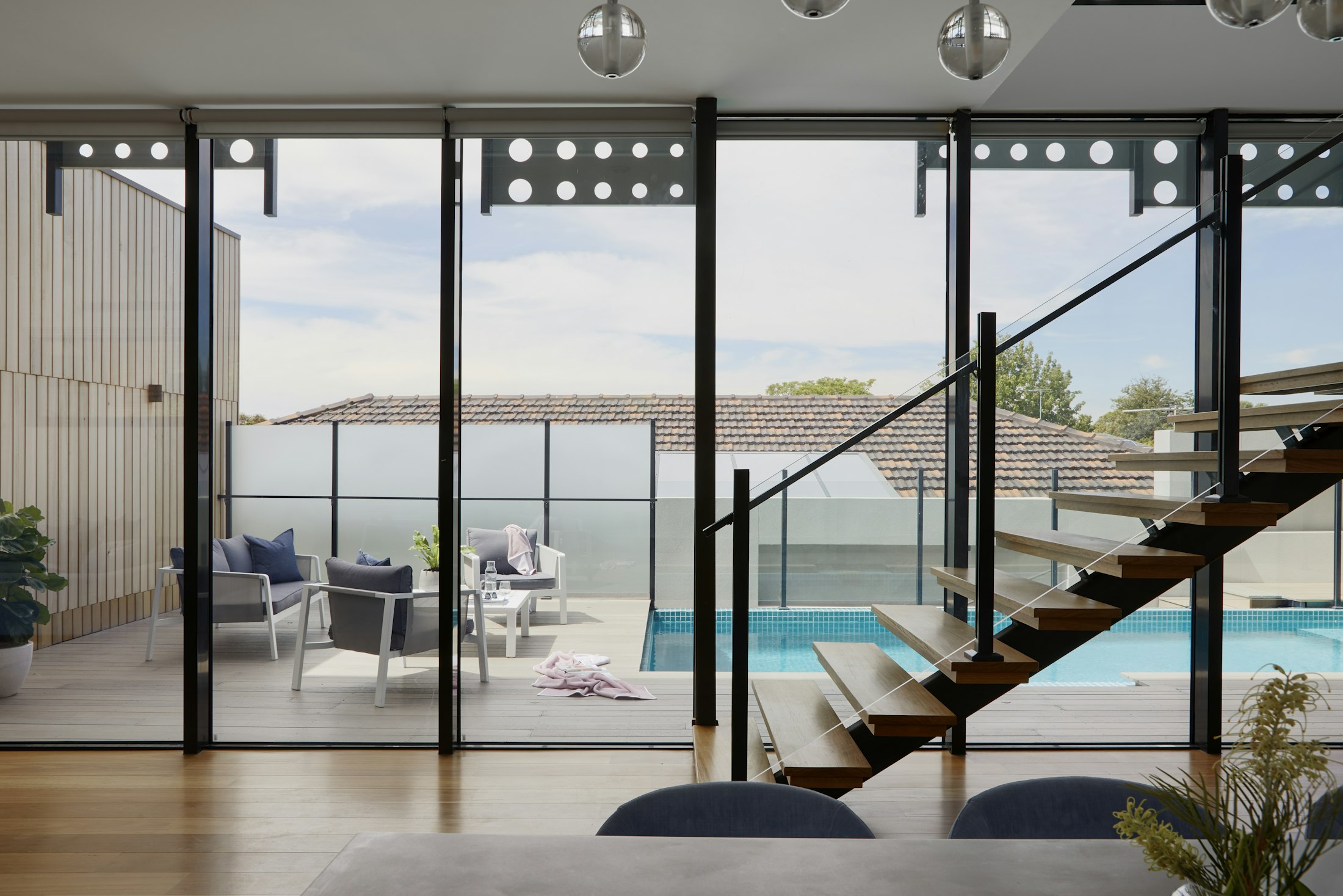 Glass atrium with staircase